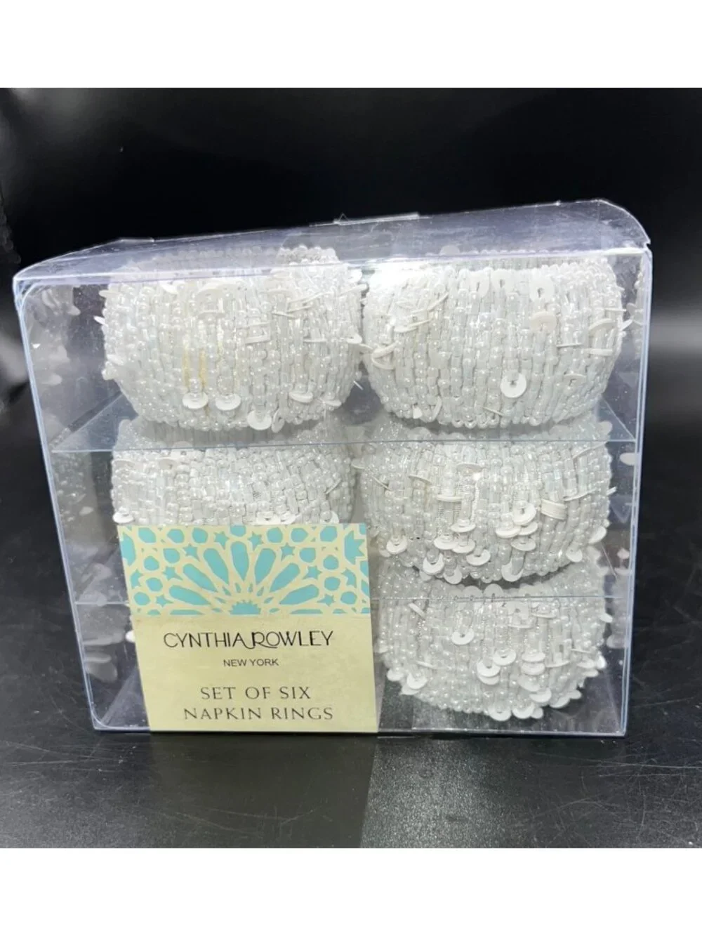 Cynthia Rowley New York Set Of Six White Beaded Napkin Rings In Clear Box Elegan
